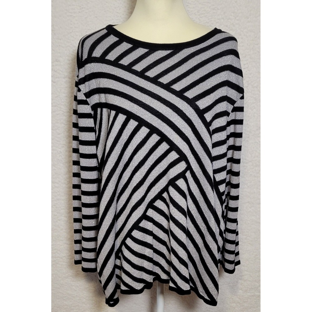 Alfred‎ Dunner 3/4 Sleeve Sweater Top Plus Size 3X Black Silver Pullover 1016